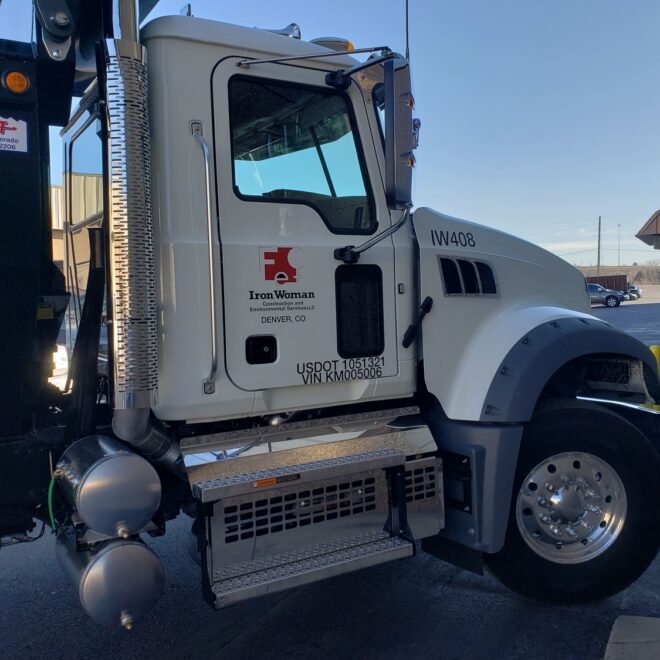 A white truck is parked on the side of the road.